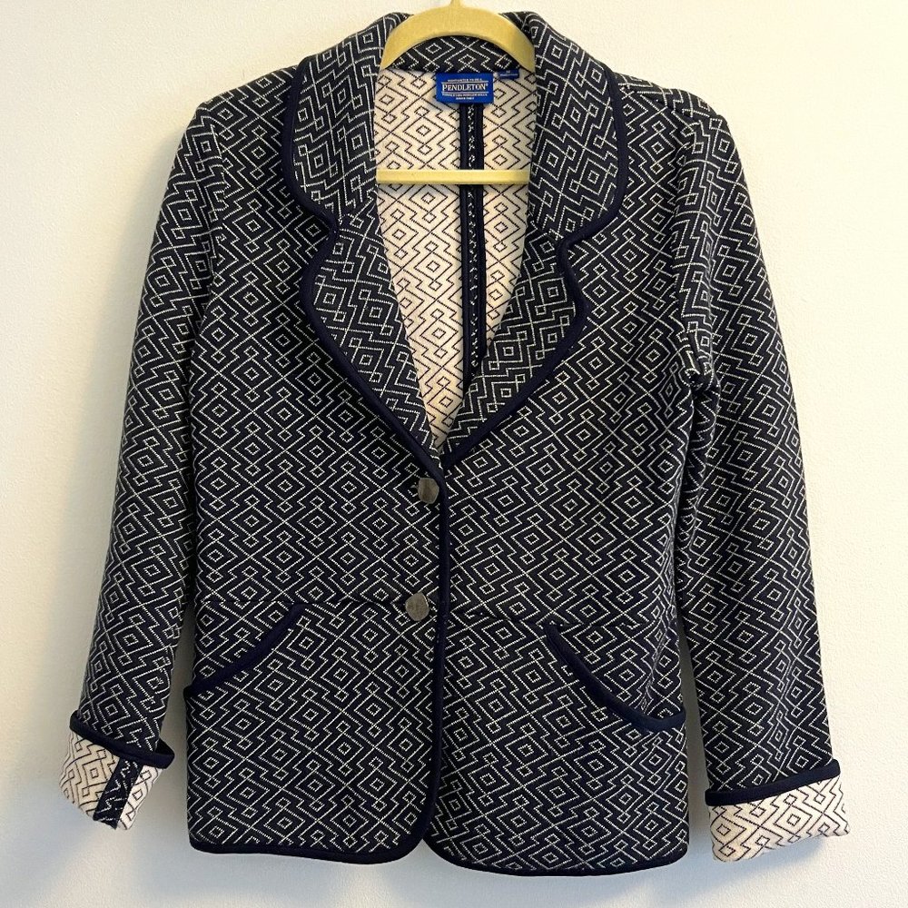 Pendleton Blazer Jacket - Diamond White and Navy Pattern - Size M